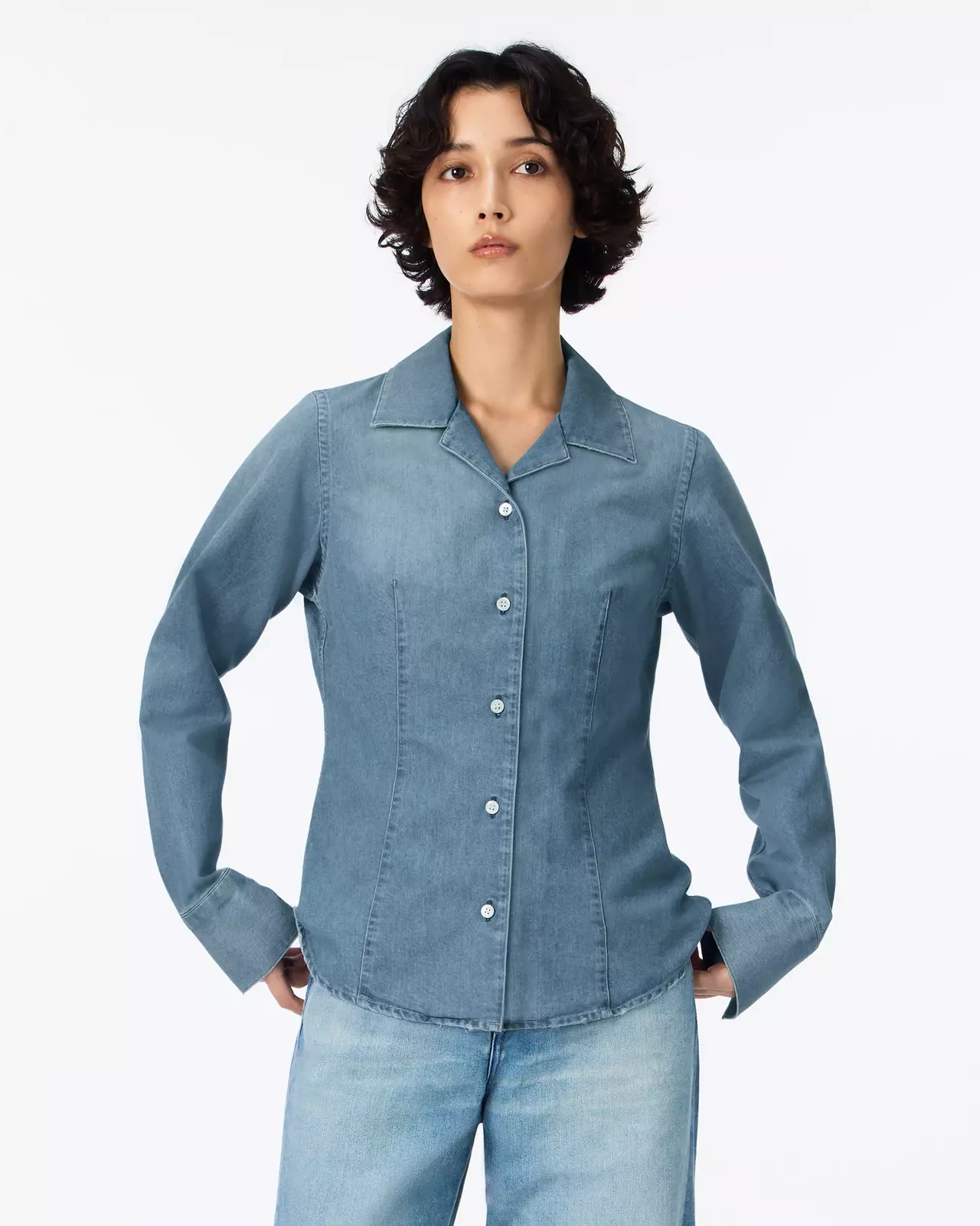 WOMEN | Light Denim Compact Shirt 7oz Medium Indigo,MEDIUM INDIGO, large image number 0