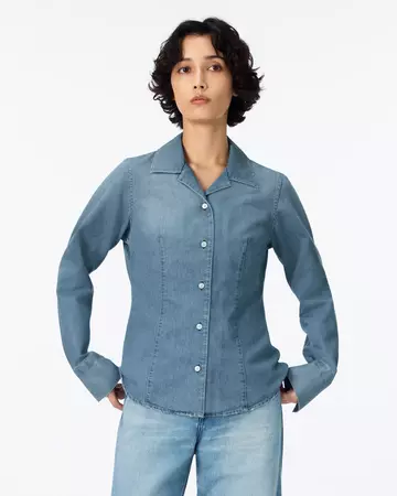 WOMEN | Light Denim Compact Shirt 7oz Medium Indigo,MEDIUM INDIGO, large image number 0