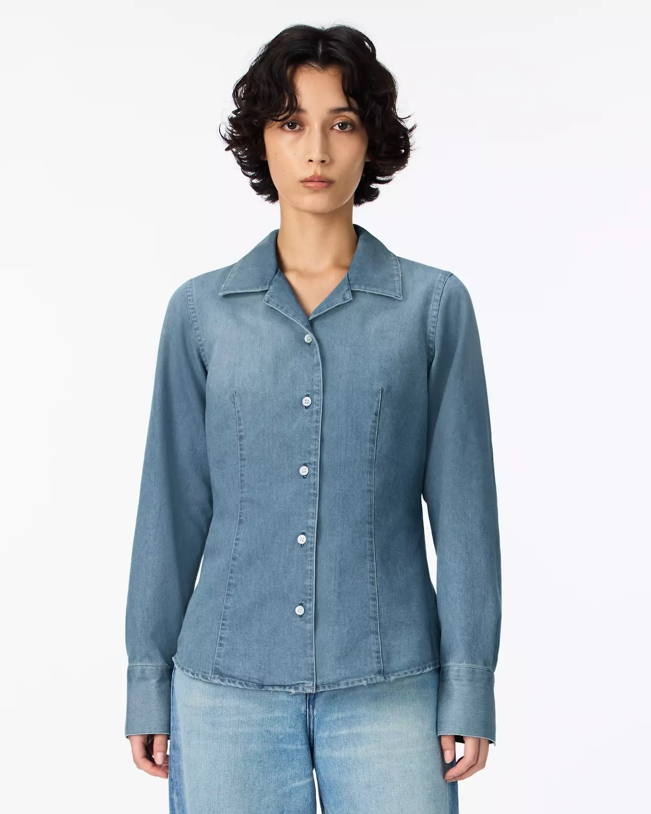 WOMEN | Light Denim Compact Shirt 7oz Medium Indigo,MEDIUM INDIGO, large image number 5