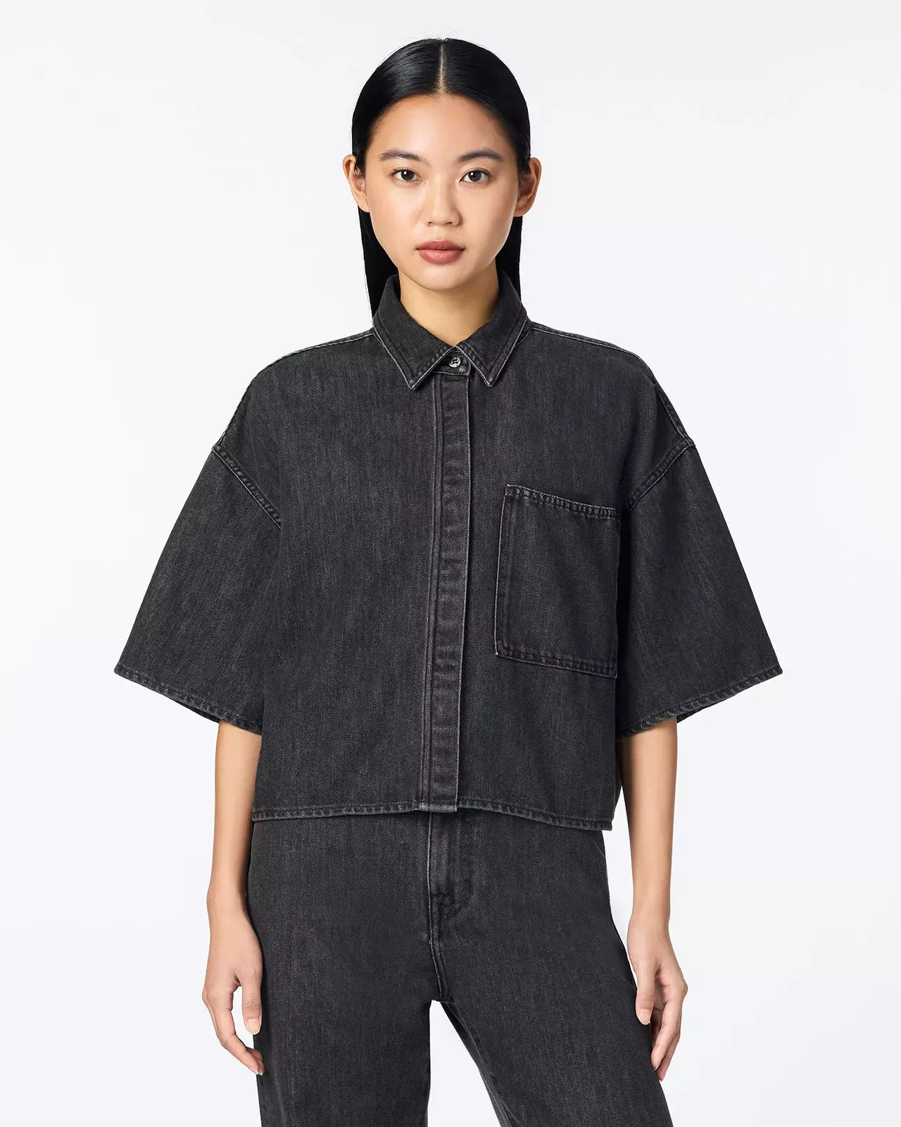 WOMEN | Light Denim SS Shirt 9oz Washed Black,BLACK, large image number 0