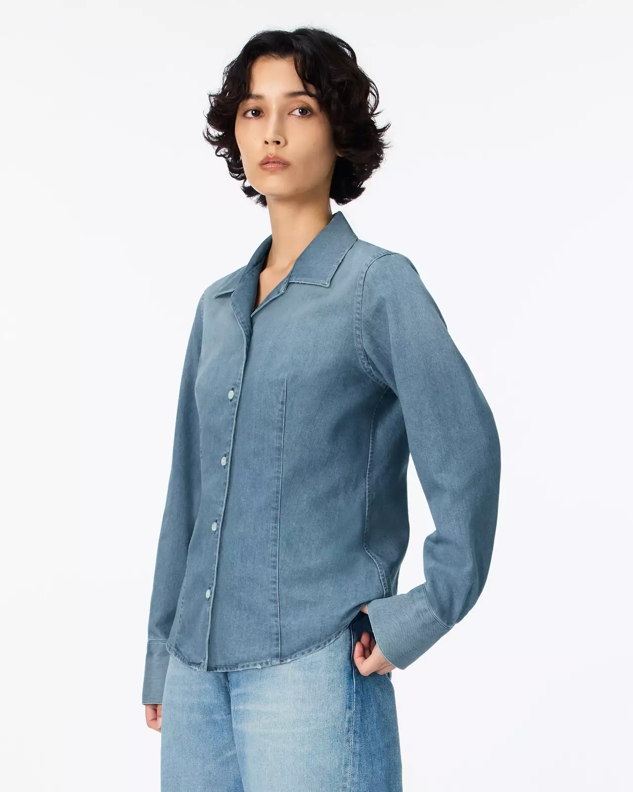 WOMEN | Light Denim Compact Shirt 7oz Medium Indigo,MEDIUM INDIGO, large image number 1