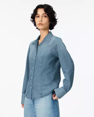 WOMEN | Light Denim Compact Shirt 7oz Medium Indigo,MEDIUM INDIGO, large image number 1