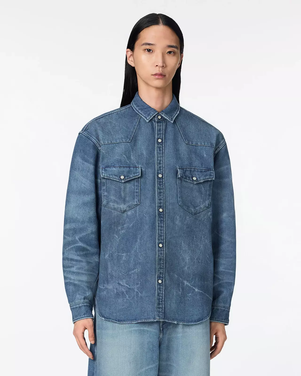 MEN | Light Relax Fit L/S Western Shirt 9oz Medium Indigo,MEDIUM INDIGO, large image number 0