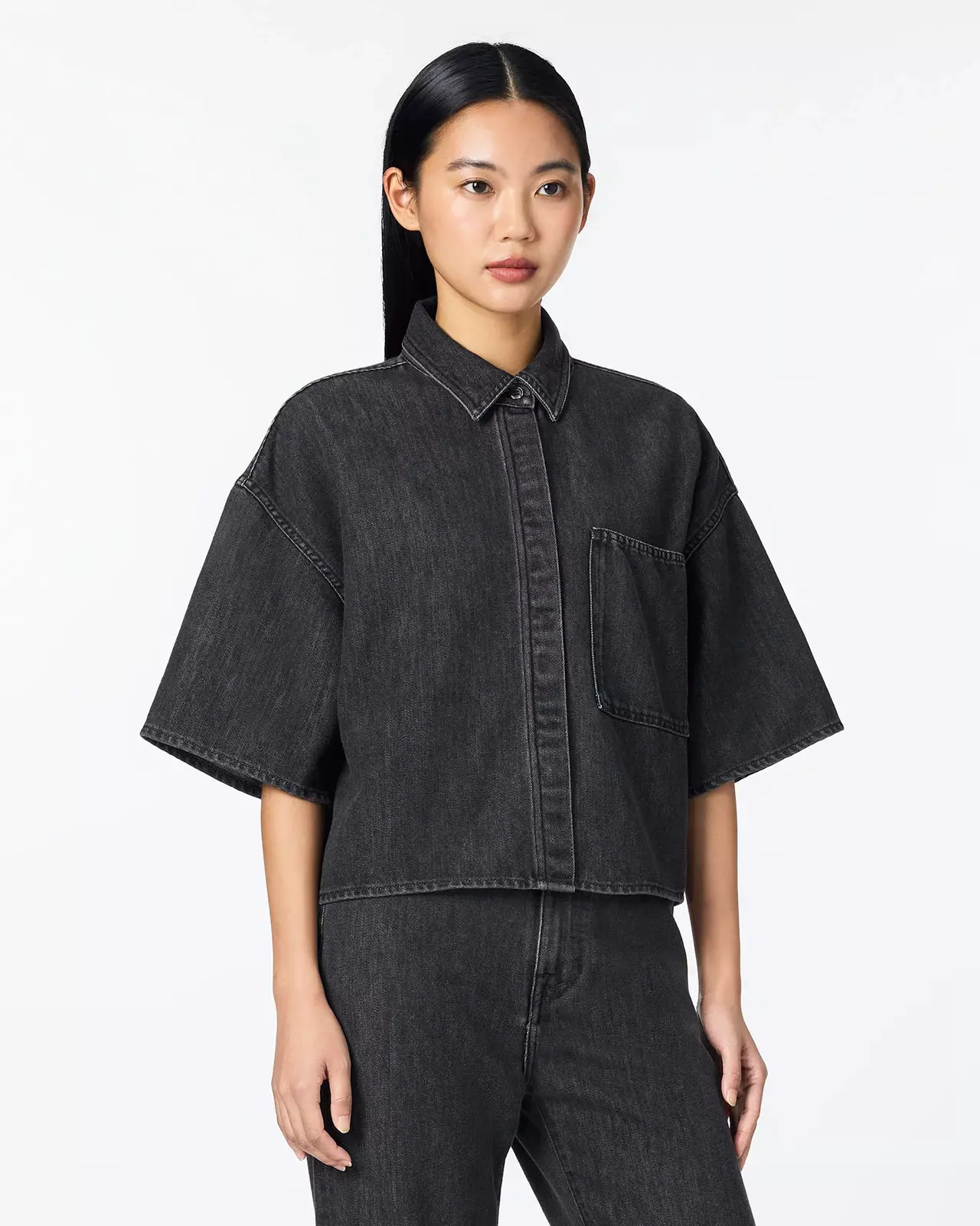 WOMEN | Light Denim SS Shirt 9oz Washed Black,BLACK, large image number 1
