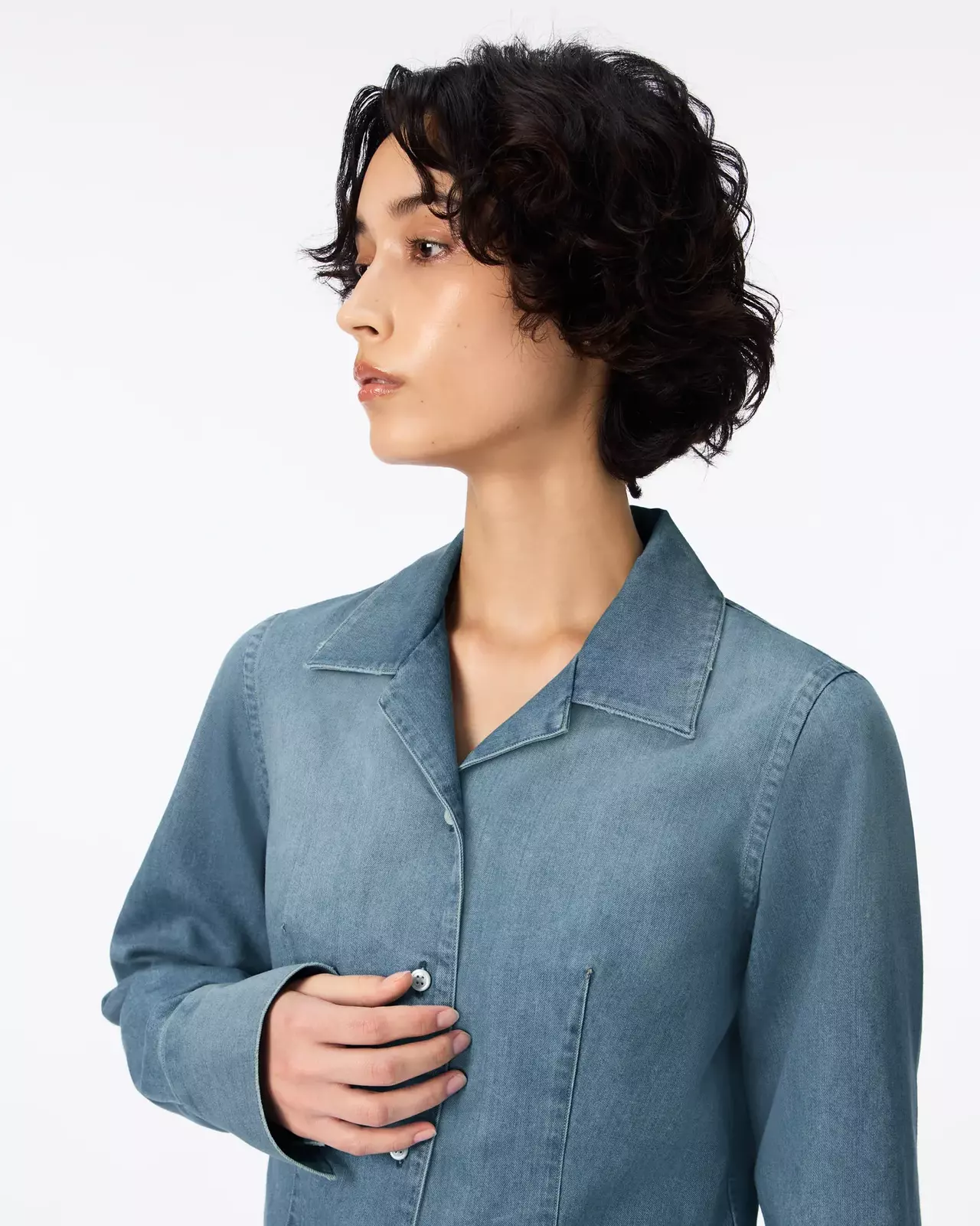 WOMEN | Light Denim Compact Shirt 7oz Medium Indigo,MEDIUM INDIGO, large image number 3