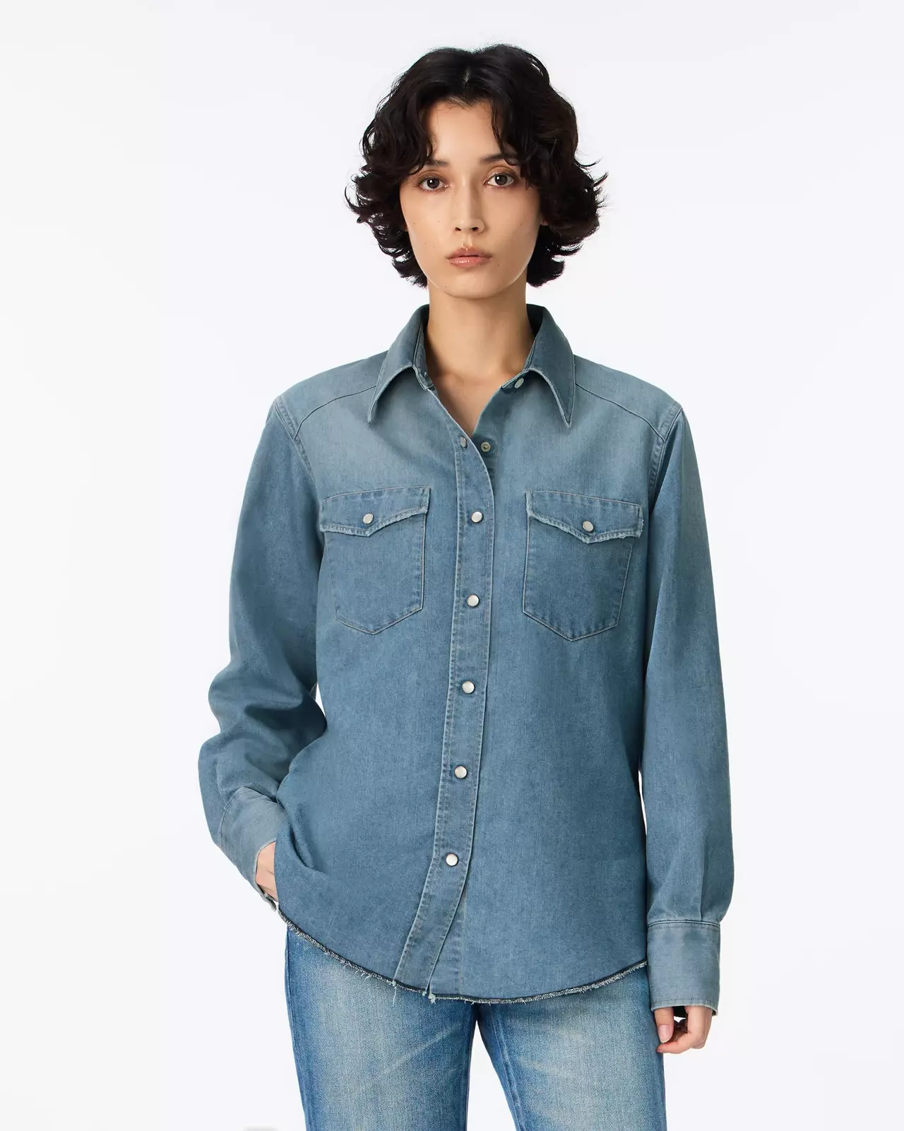 WOMEN | Light Denim Western Shirt 7oz Medium Indigo,MEDIUM INDIGO, large image number 0