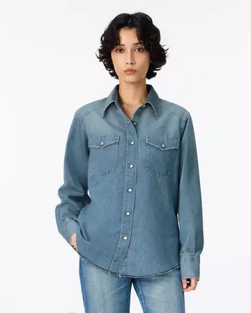 WOMEN | Light Denim Western Shirt 7oz Medium Indigo,MEDIUM INDIGO, large image number 0